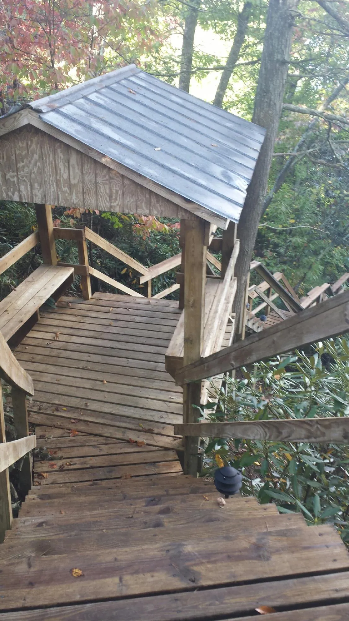 Metal roofed shelter over wooden steps on a wooded walkway — Skylight Repair & Installation work by our crew in Mazon